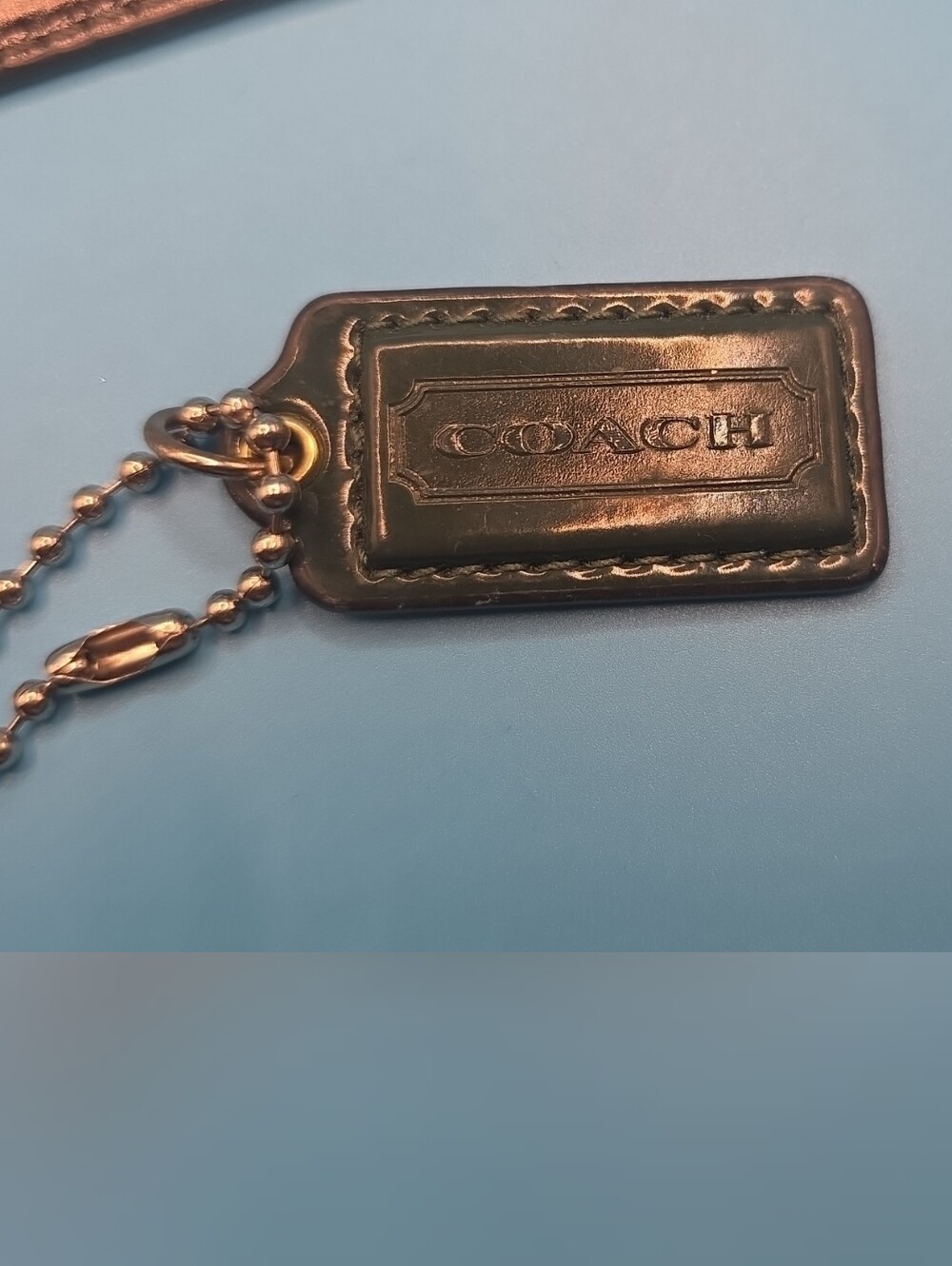 Coach Brown Leather Key Tag with Gold Chain